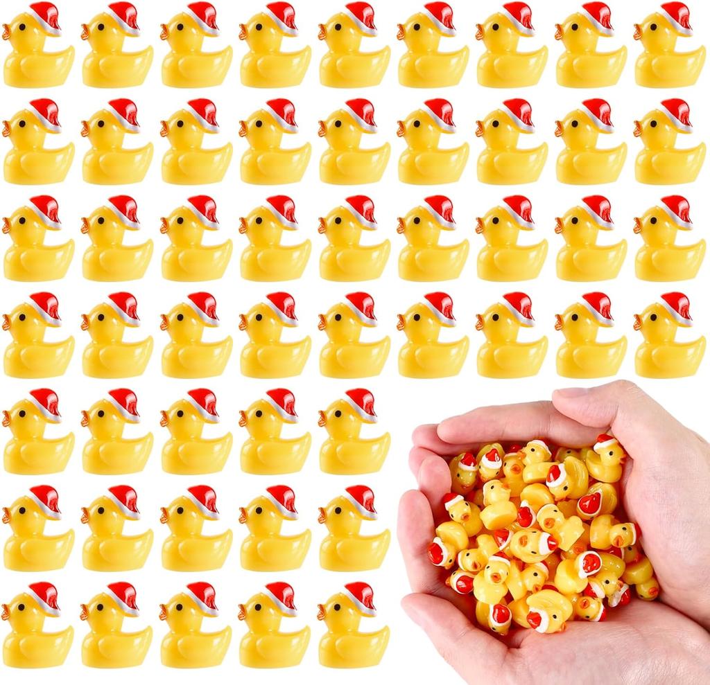 100/50Pc Mini Christmas Resin Ducks Tiny Miniature Ducks With Xmas Hat Figures For Craft Home Prank Game Dollhouse Party Decor