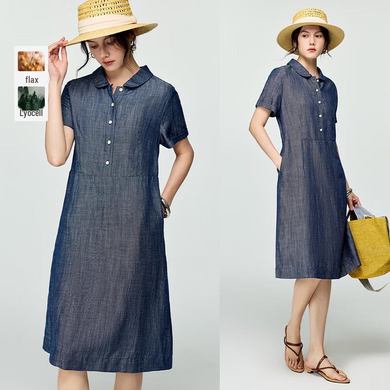 Wudao Elegant French Collar Tencel Linen Denim Dress L