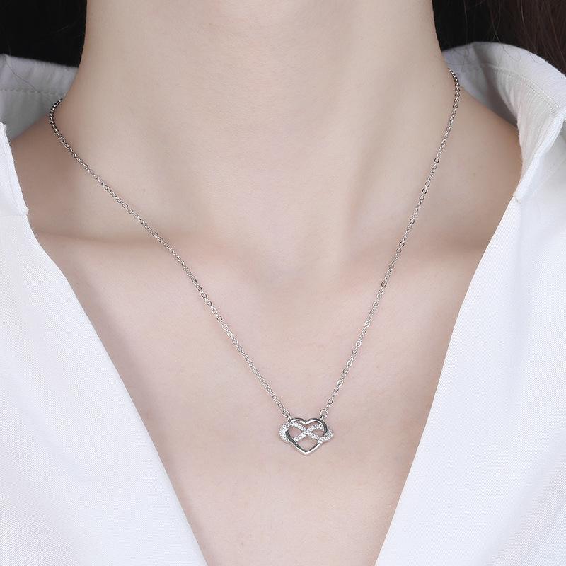 S925 Sterling Silver Korean Style Love Necklace Fashion Refined Rhinestone Heart-Shaped Collarbone Necklace