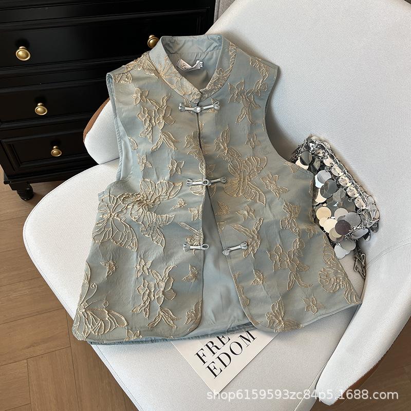 Blue butterfly embroidered vest temperament disc buckle sleeveless versatile European early spring top