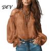 Long Sleeve Shirts Women Fall Cold Shoulder Shirt, Vintage Ethnic Print High Casual Blouses Collar Blouse, Ruffle Lantern Top Soft