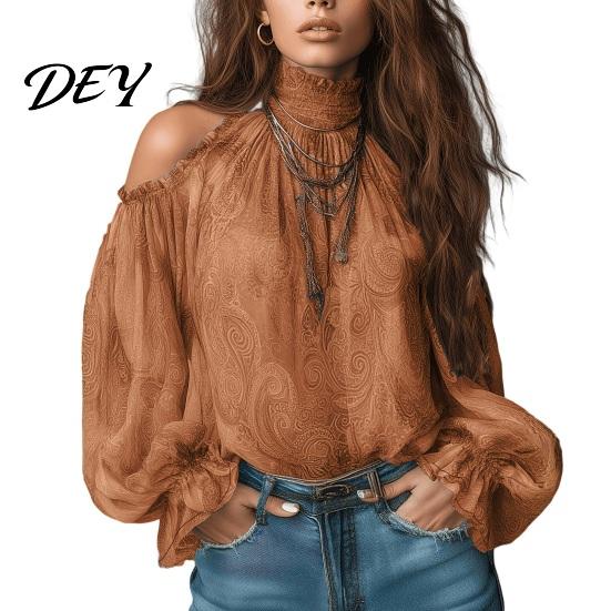 Long Sleeve Shirts Women Fall Cold Shoulder Shirt, Vintage Ethnic Print High Casual Blouses Collar Blouse, Ruffle Lantern Top Soft