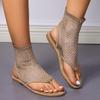Sandalias de verano con punta redonda y suela plana para mujer, botas cortas huecas, zapatillas de banquete de moda sexis con diamantes de agua y suela plana