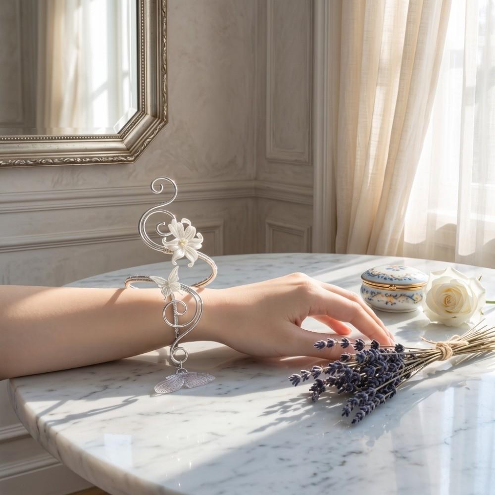 Hand Wire Wrap Iris Flower Bracelet Hollow Out Open Arm Bangle Upper Arm Cuff Vacation Style