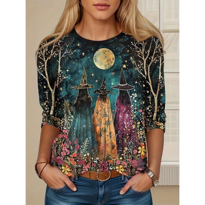 Vintage Women's Long Sleeve T-shirts Halloween Theme Witch Pattern Streetswear Polyester Tops Casual Pullover Women's Clothing