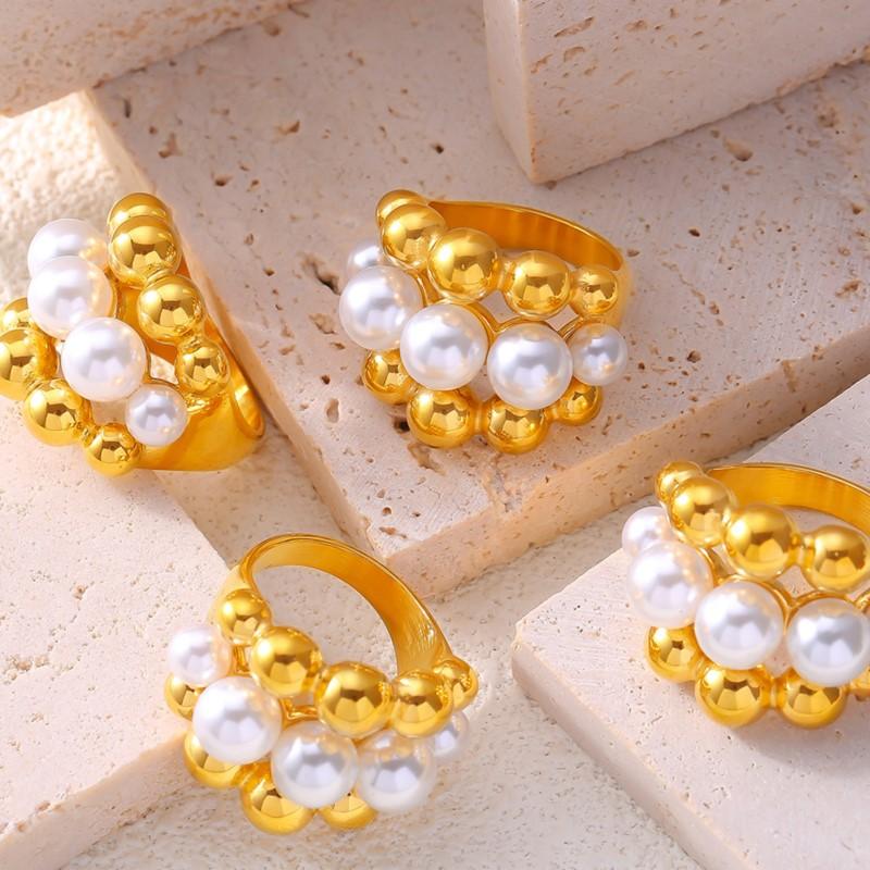 Elegant Inlaid Shell Beads Rings For Women Stainless Steel 18K Gold Plated Waterproof Women's Large Rings Luxury Woman Jewelry