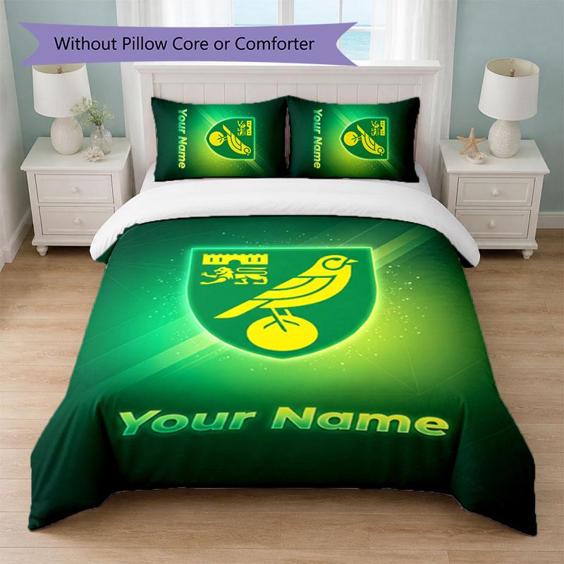 Set Biancheria da Letto Norwich City con Nome Personalizzato 1 Copripiumino+2 Federe Logo Calcio Regalo Personalizzato per Occasione Speciale Decorazione Camera da Letto