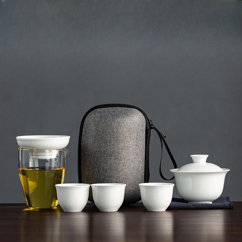 Dehua White Porcelain Travel Tea Set Outdoor Travel Portable Glass Quick Cup Cover Bowl Small Three Cups