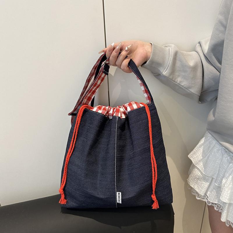 Vintage Drawstring Bucket Bag Simple Style Canvas Crossbody Bag Large Capacity Tote Handbag For Women Travel CLE