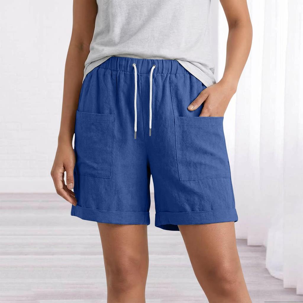Women’s Linen Casual Shorts with Elastic Waistband Drawstring Adjustable Fit and Large Front Pockets for Everyday Wear