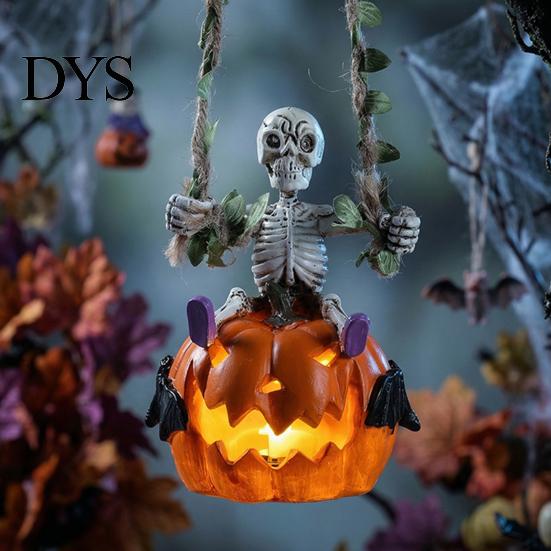 Window Display Accessory Swing Skeleton with Lighted Pumpkin, Light-up Ornament, Halloween Figurine Hanging Statue for Indoor Front Porch Decor Creepy