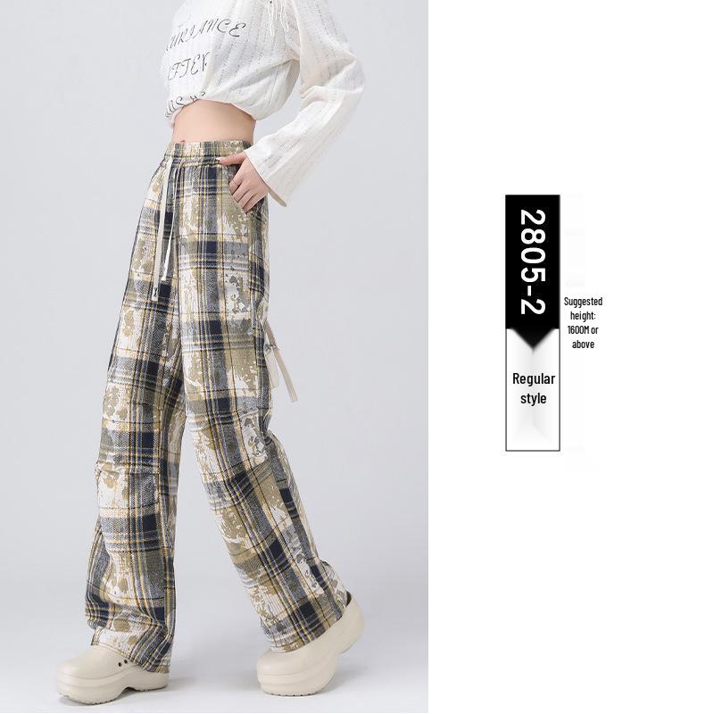 

Women s Tie-Dye High-Waisted Plaid Wide-Leg Pants – Spring/Autumn Fashion, Slimming Loose Fit, Versatile Draped Straight-Leg Design. XXL (125-145 jin)