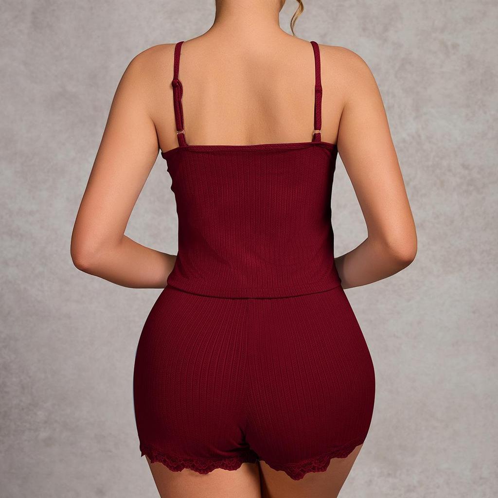 Summer Solid Button Elasticity Pajamas Set for Women Homewear Sexy Slim Pijama Sling Crop Tops and Shorts 2 Pieces Set Sleepwear