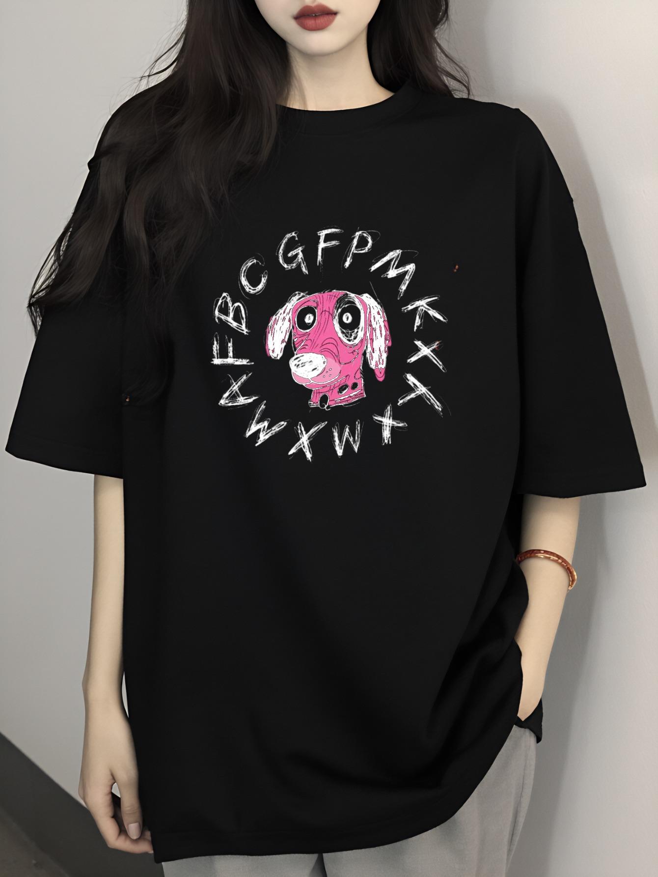 

1pc Pink Dog and Letter Print 100% Women s Short-sleeve T-shirt, Unisex, Available in Black, White, Red, Light Gray, and Dark Gray, Casual and Classic 5XL різнокольоровий
