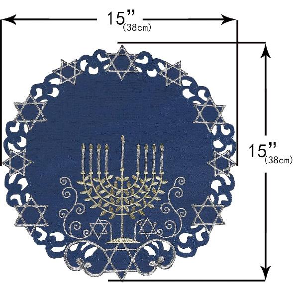 OWENIE Hanukkah Placemats Set of 4, Embroidered Chanukah Menorah Blue Round Placemats, Je Festival Holiday Party Table Decor Indoor Outdoor