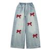 Girls Loose Wide-leg Jeans Soft Trousers Children Bowknot Embroidery Straight Denim Pants Spring Autumn Clothing 5-12 Years