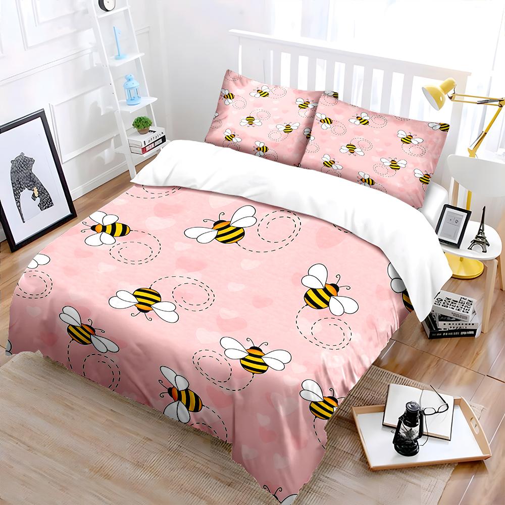 Cartoon bees pink background Bedding Set for Kids Luxury Gift 3pcs Digital Print Comforter Set Soft Comfortable Breathable