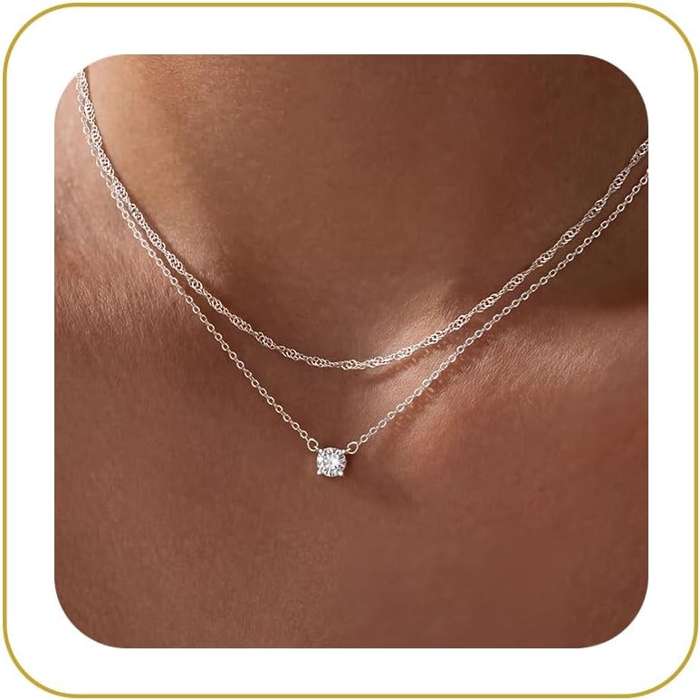 Tewiky Dainty 14k Gold Plated/Silver Cubic Zirconia Necklaces for Women | Simple CZ Jewelry Necklaces Trendy Gifts
