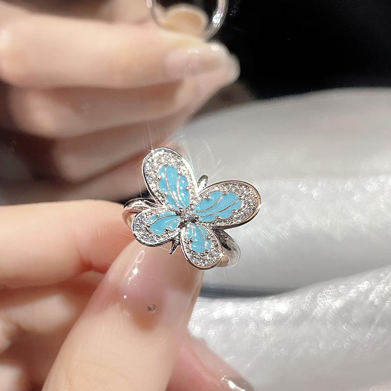 [Butterfly Jewelry] Oil Dripping Butterfly Open Ring Full Of Diamonds Zircon Fashion French High Sense Ring