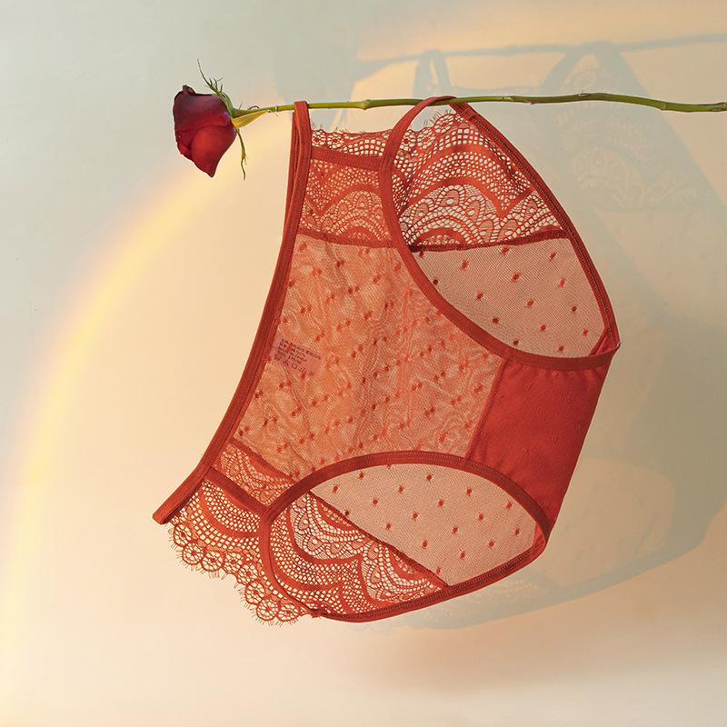 Female Summer New Style Red Satin Sexy Lace Semi Through Hollow Net Gauze Triangle Briefs