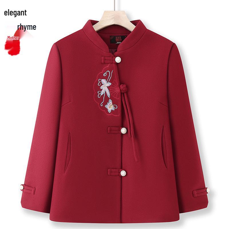 Elegant Embroidered Woolen Coat for Middle-Aged & Elderly Women – Spring & Autumn Fashion