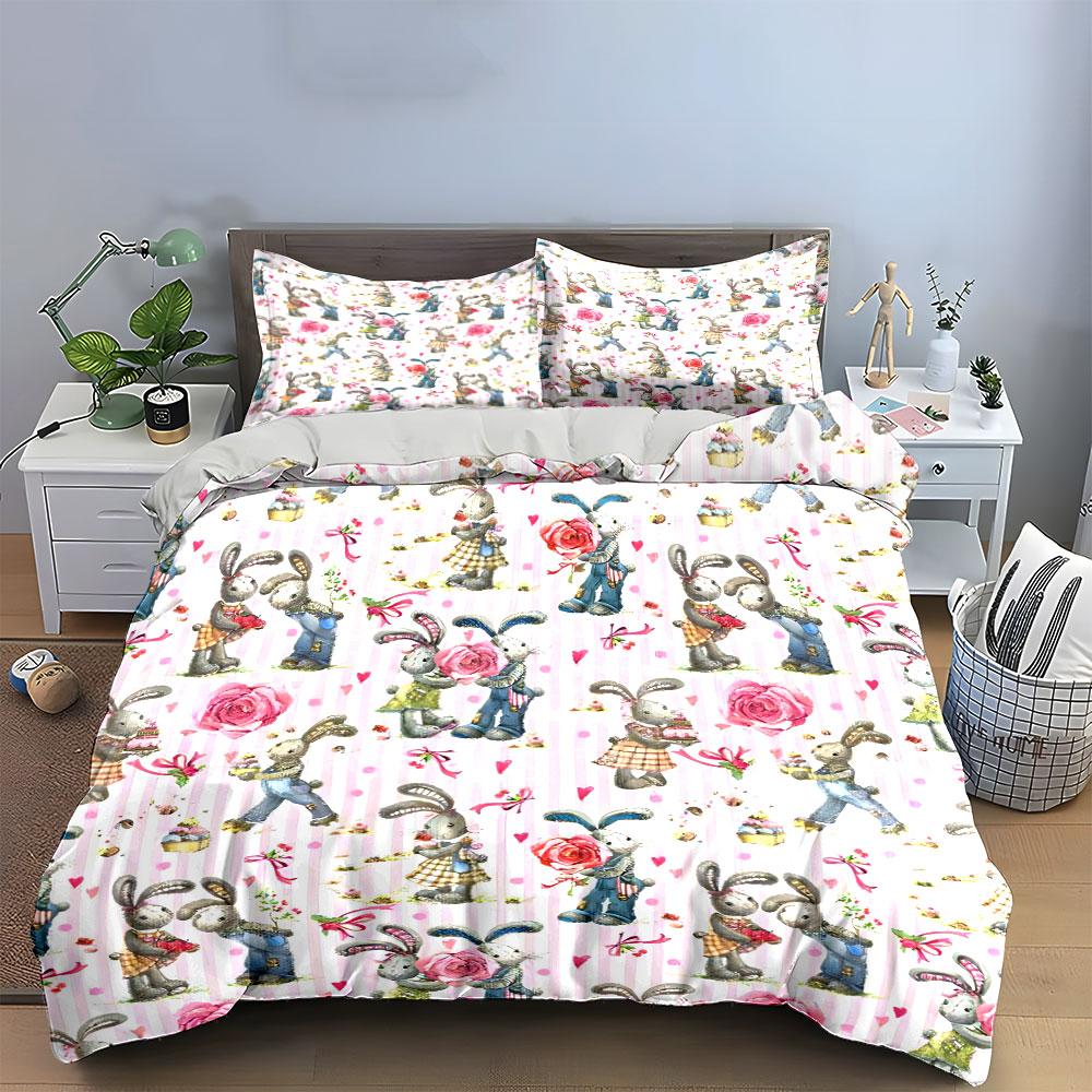 "Rabbit Themed Romantic Decor Set" Soft Skin-Friendly Bedding Set Includes 1 Duvet Cover And 2 Pillowcase Gift