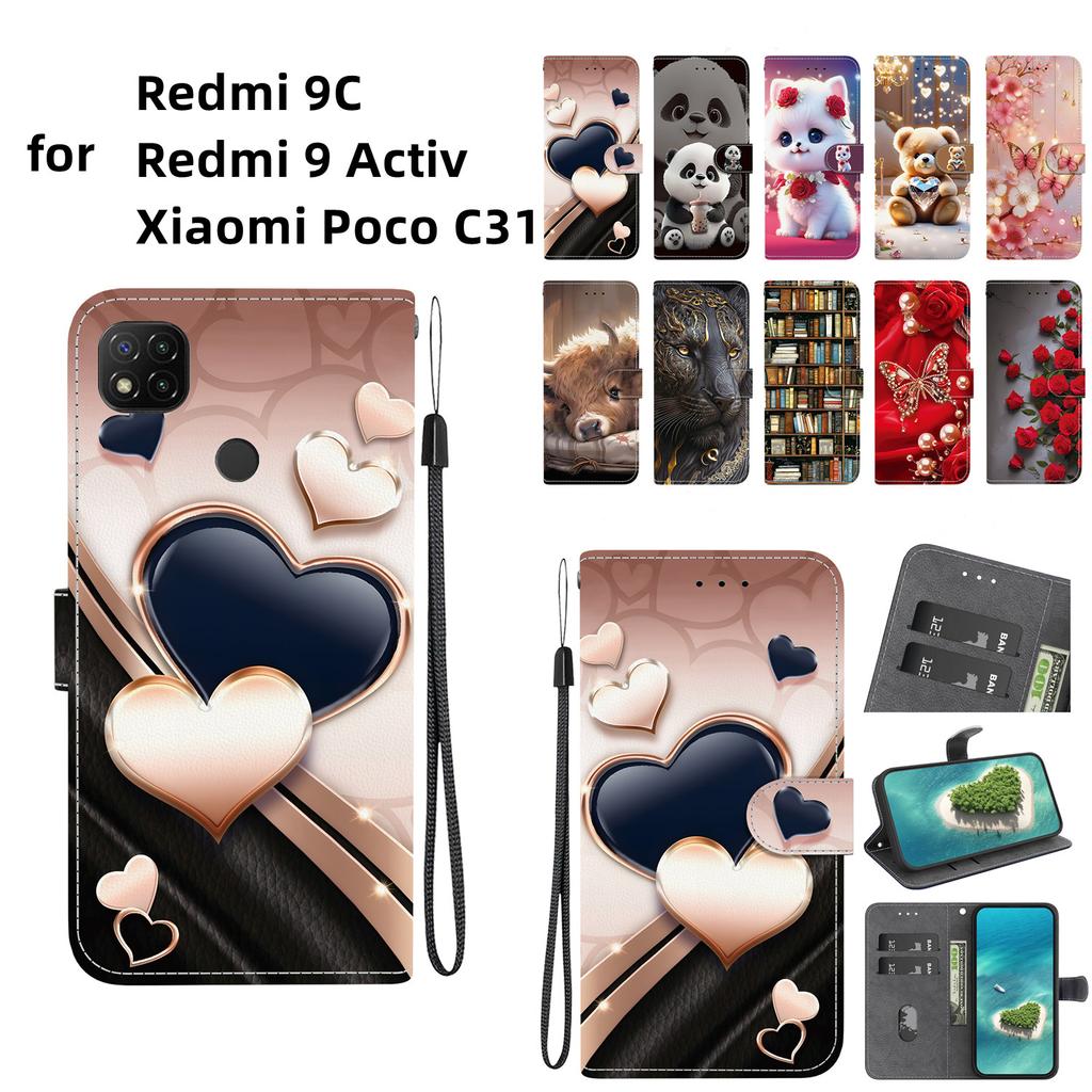 Handgefertigte PU-Leder-Klapphülle für Redmi 9C / Redmi 9 Activ / Xiaomi Poco C31 Rutschfeste Stoßfeste Hülle mit Handschlaufe & Herz/Rose Katze Designs