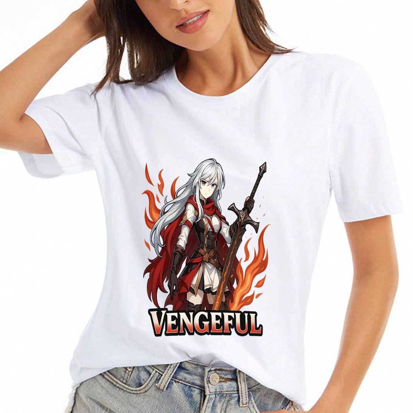 Vengeful Warrior Anime Girl Wounisex s Cotton T Shirt,Premium Cotton Quality Print,Durable,Casual And Fashionable,Unique Anime Graphic Tee,Perfect For S разноцветный