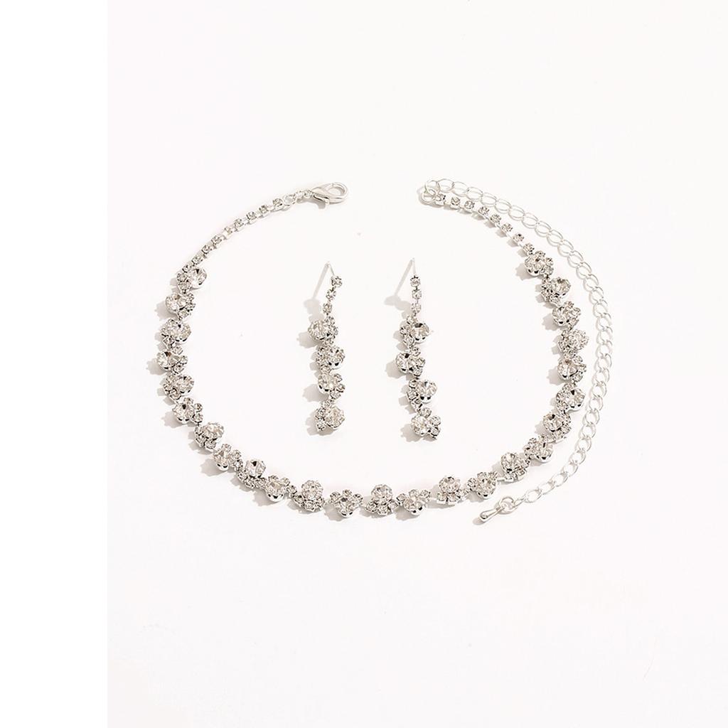 Silver Diamond Necklace Earrings Bracelet Three-piece Set