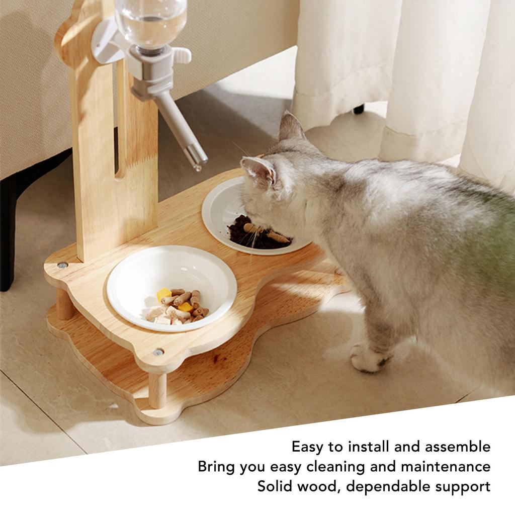 Wood Raised Cat Food Bowls Multifunctional 2 in 1 Automatic Cat Water Feeder and Food Bowl Set with Stand for Dog Pets