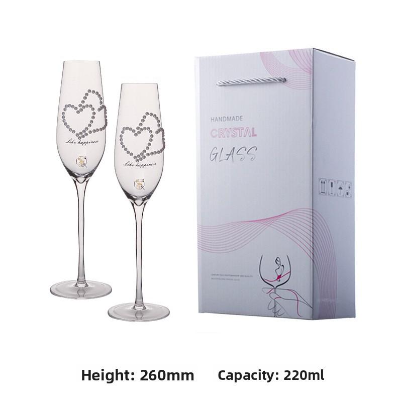 Luxury Diamond Heart Champagne Glasses Set Crystal Glass Highball Cup with Rhinestones Gift Box