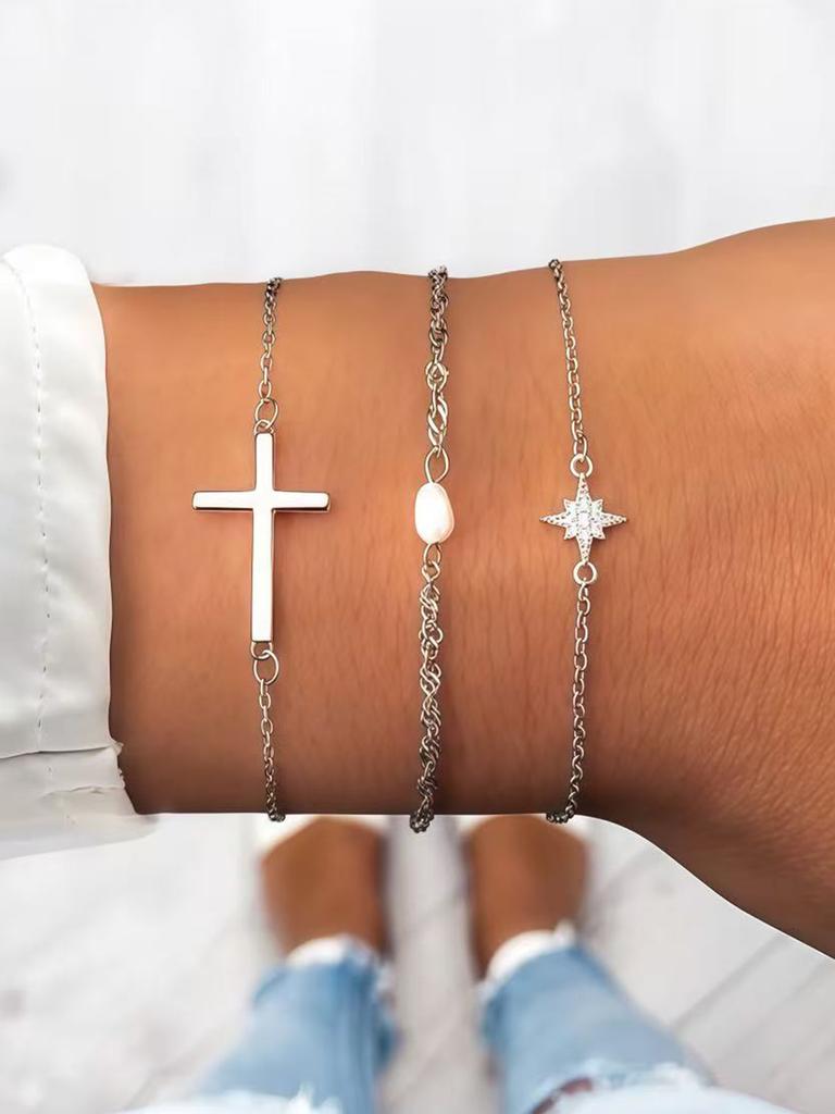 3pcs Silver Cross & Octagram Bracelet Set, Elegant Fashion Accessories Suitable For Women's Daily, Dating, Work Outfit Layering