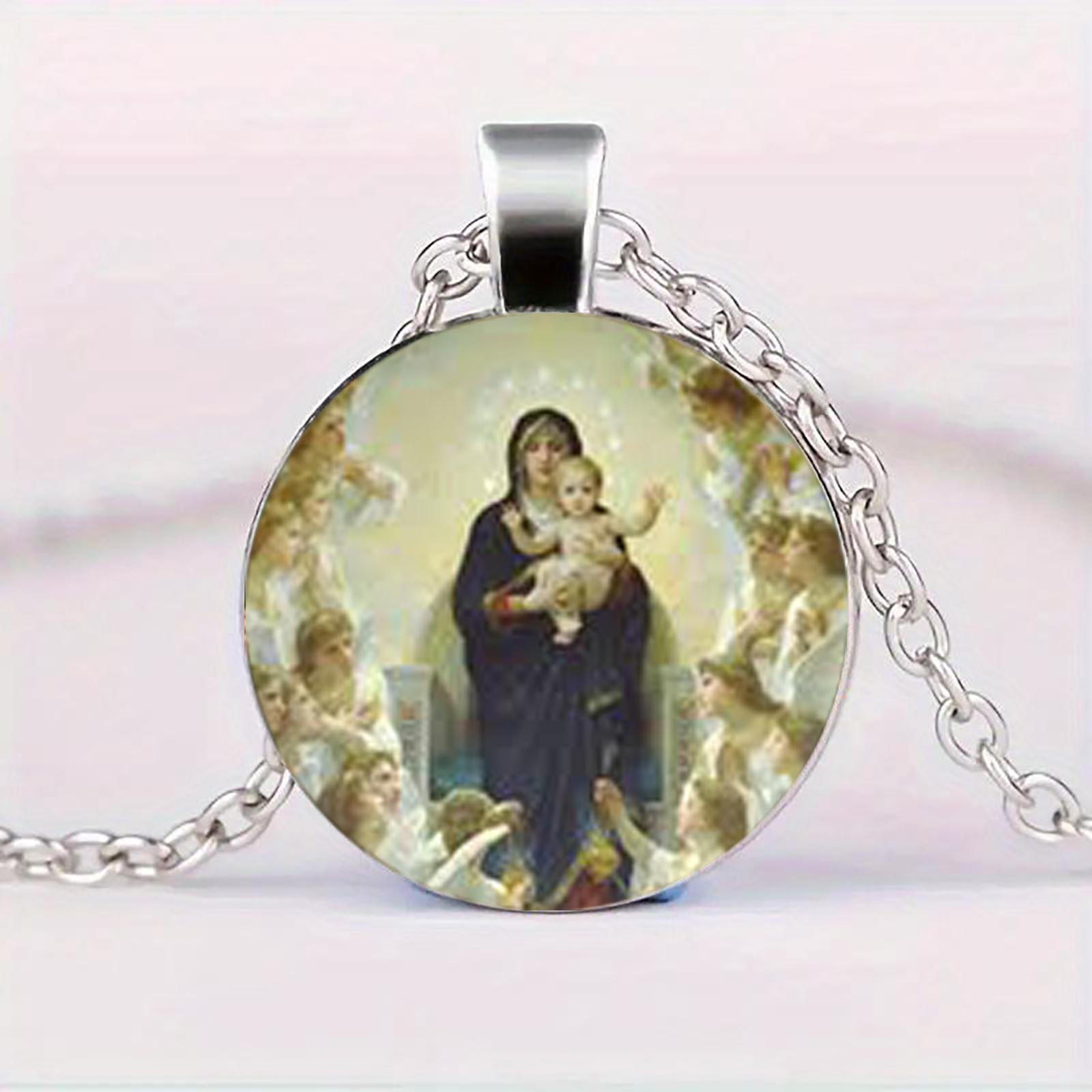 

Catholic Jewelry Necklace, Adorned With Images Of The Virgin Mary And The Infant Jesus, And A Time Gem Cabochon Glass Pendant.