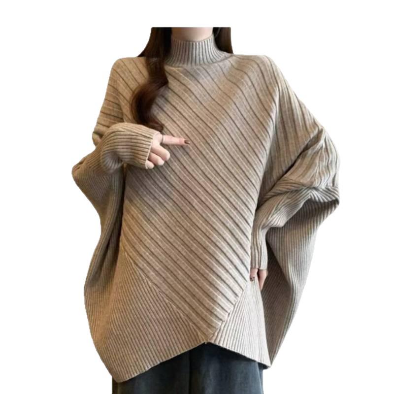 Plus Size Women's Batwing Sleeve Ribbed Knit Sweater with Half-High Round Neck