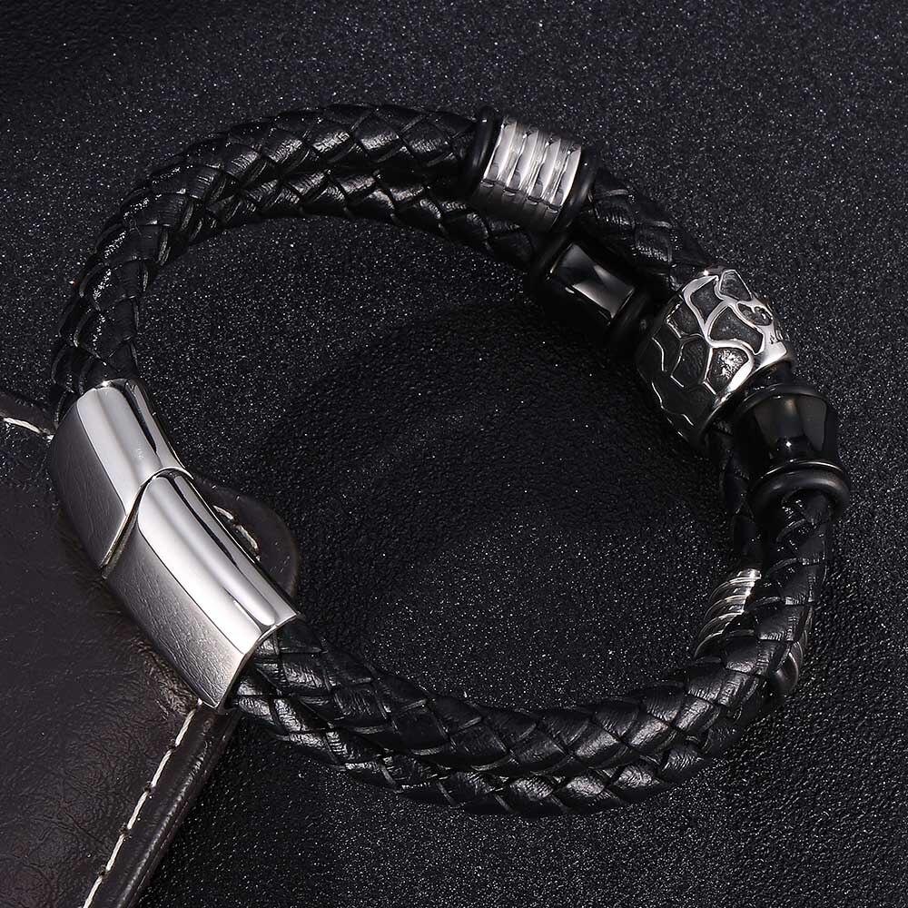 Geometrically Irregular Graphics Double Layers Stainless Steel Genuine Leather Bracelet Men Leather Bangle