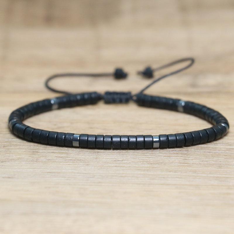 Labradorite Flat Bead Bracelet – Hematite Accent Adjustable Boho Jewelry, Intuition Protection Gift for Men Women