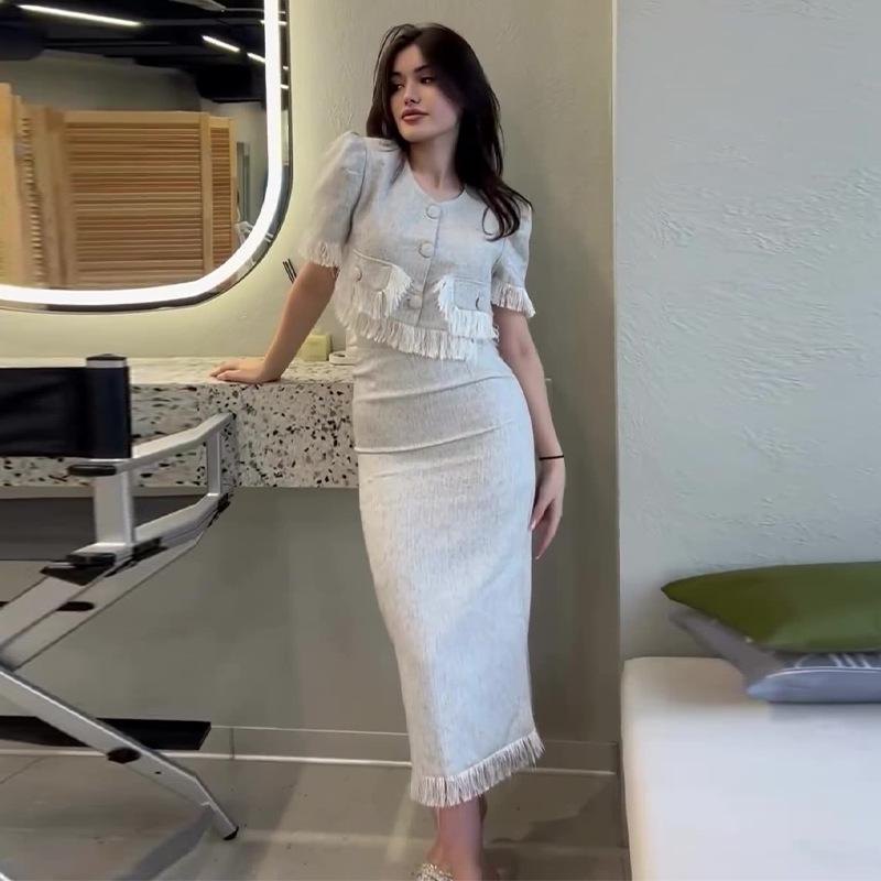 2024 Summer European & American Style Elegant Tassel Splicing Midi Skirt Set for Women