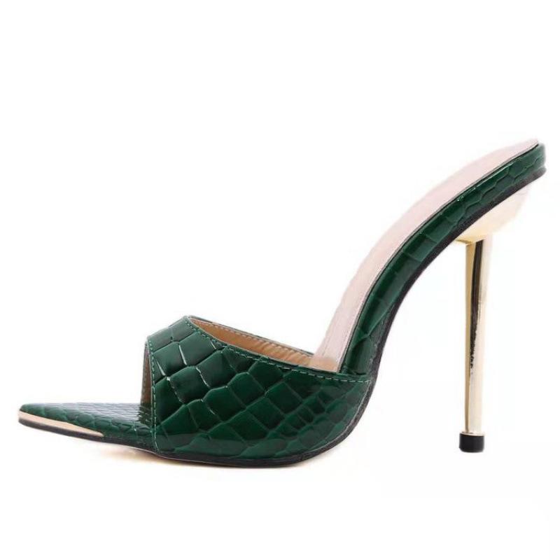 New European and American sexy snakeskin pattern pointed thin high-heeled cool slippers simple solid color large size banquet shoes