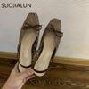 Fashion SUOJIALUN Summer New Women Slip On Mules Shoes Fashion Cane Weave Ladies Sandal Shoes Square Low Heel Outdoor Casual Slipper