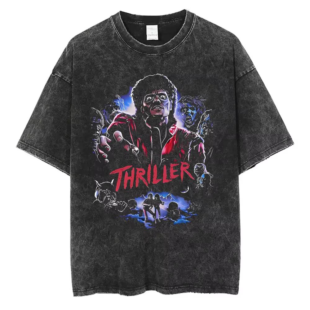 Der König des Pop Michael Jackson Vintage Washed T-Shirts Herren Damen Lässig Retro Baumwoll-T-Shirt Männlich Gothic Rock Übergroßes T-Shirt