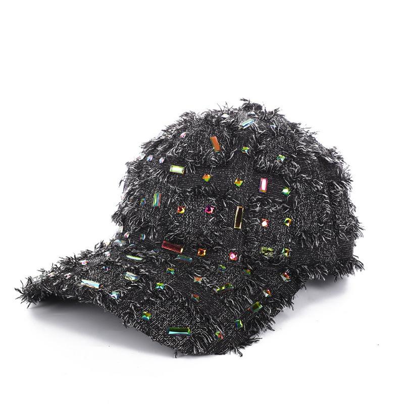 Fashion Hat hats, European and American style handmade diamond-studded ripped denim baseball hats, trendy women's rhinestone sunshade baseball