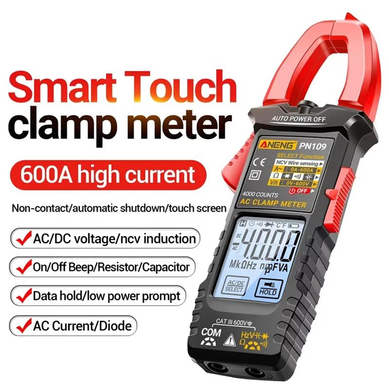 AB34- PN109 Smart Clamp Meter Digital Multimeter 4000 Counts 600A High Current Non-Contact Voltage Tester NCV Capacitance T