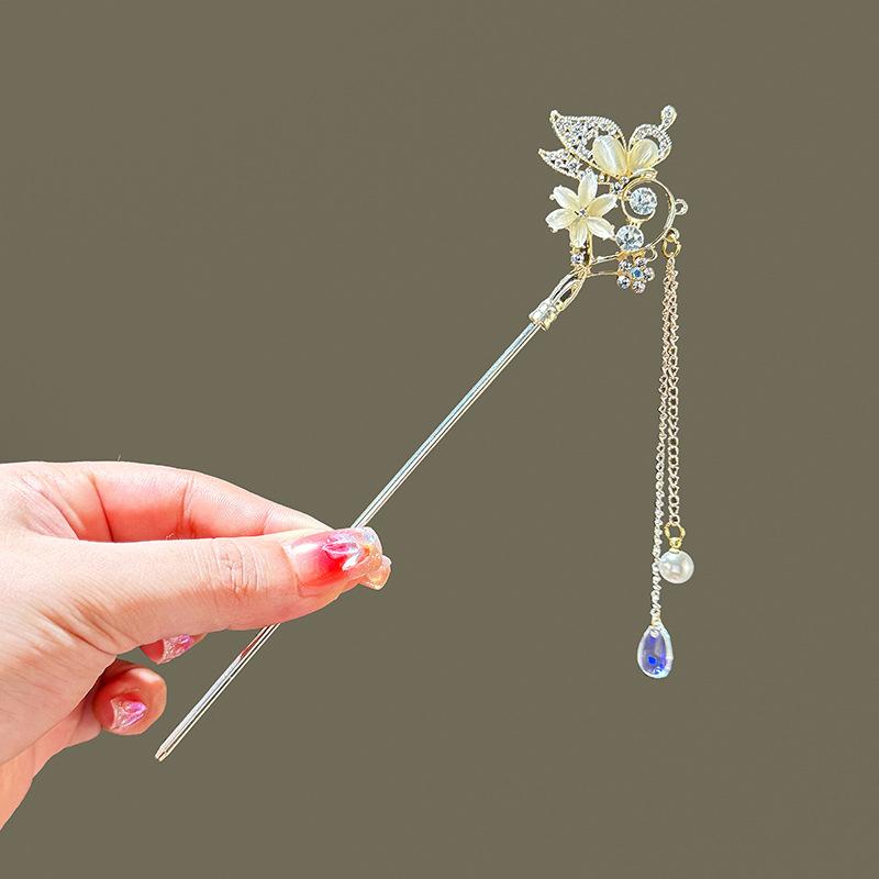 Light Luxury Women's Hairpin Glitter Rhinestone Flower Tassel Hair Stick Daily Life Travel Shopping Party Elegant Hair Accessory