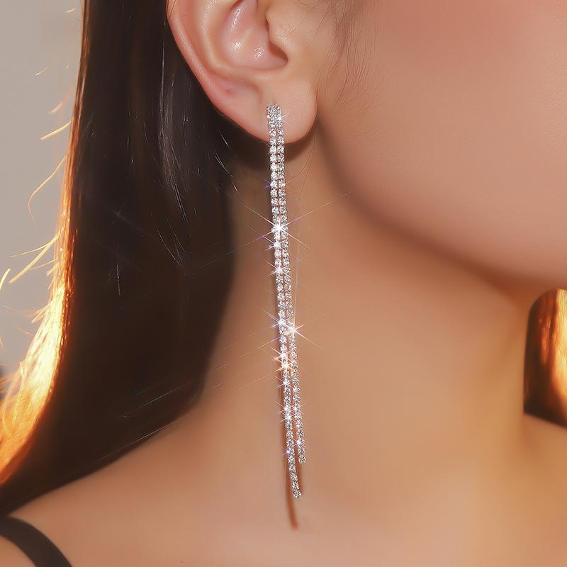 Rhinestone Long Fringed Internet Celebrity Stud Earrings, Earrings, Temperament Versatile Simple Earrings Women
