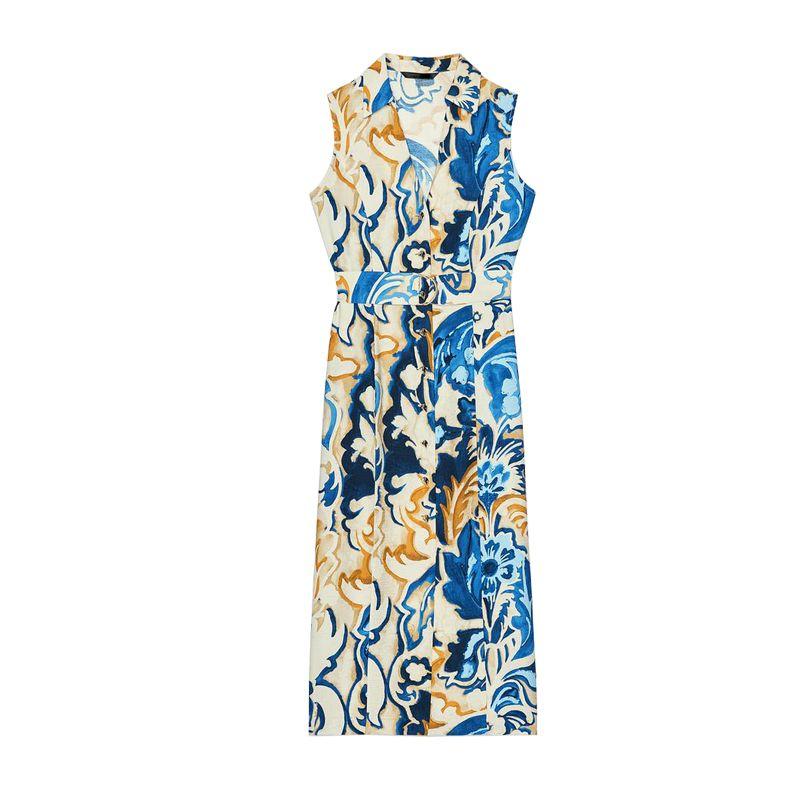 

Spring and Summer New Women s Clothing Decorated Row Button Long Print Sleeveless Lapel Slit Midi Skirt Dress 2976241 Blue L