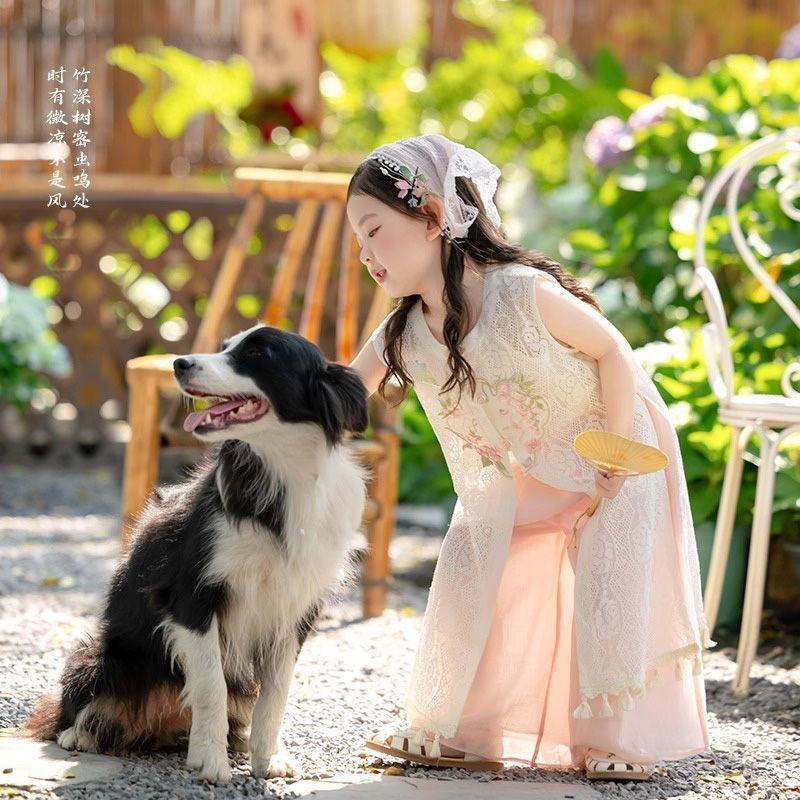 Girls' Neo-Chinese Style Vest and Pants Set Summer Thin Short Sleeve Outfit