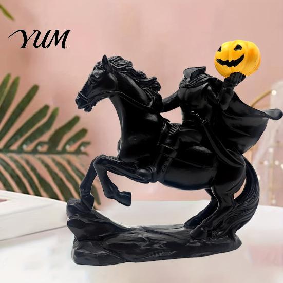 Resin Halloween Decor Headless Horseman Statue with Pumpkin, Horror Knight Holding Pumpkin Spooky Desktop Ornament Ornament, Horse Sculpture for Home