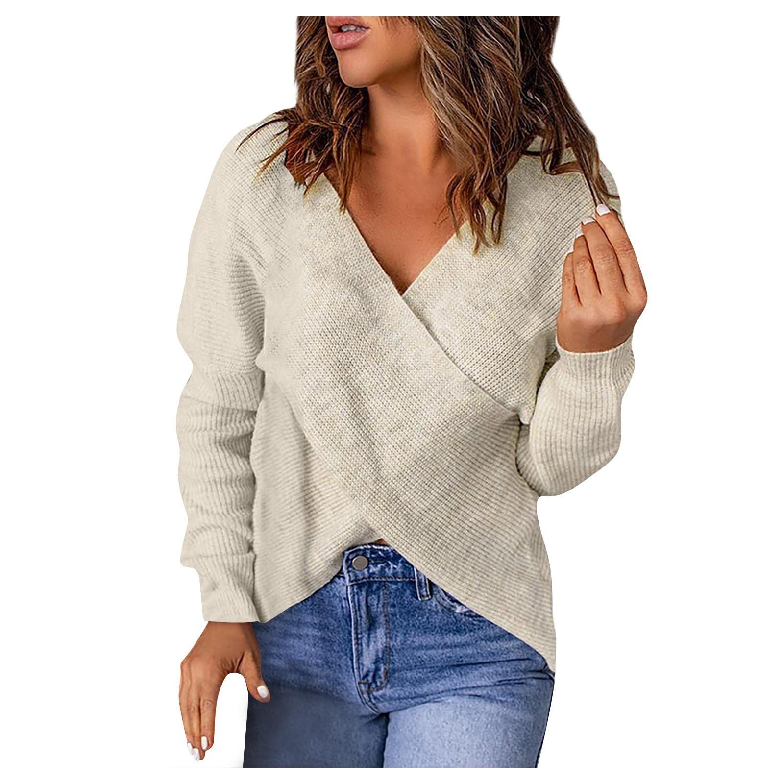 

Женский повседневный однотонный свободный вязаный свитер с v-образным вырезом, вязаный свитер в рубчик XL бежевый