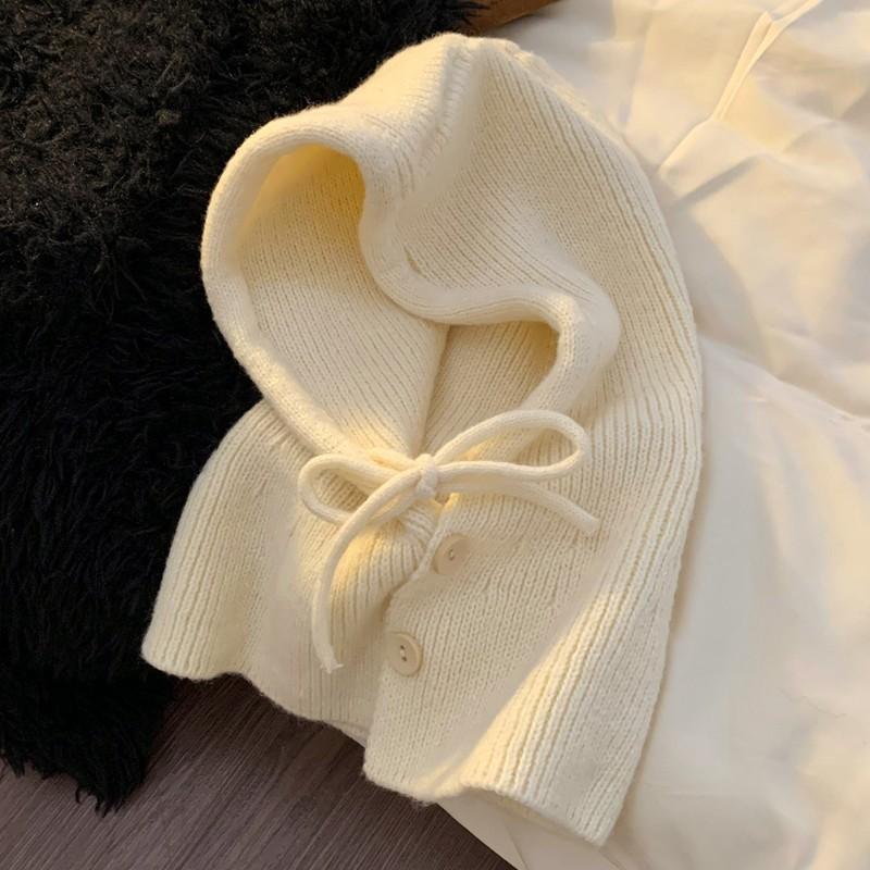 Winter Balaclava Hats Knitted Hooded Caps Women Korean Style Outdoor Warmer Drawstring Hats One-piece Neck Collar Beanies Cap