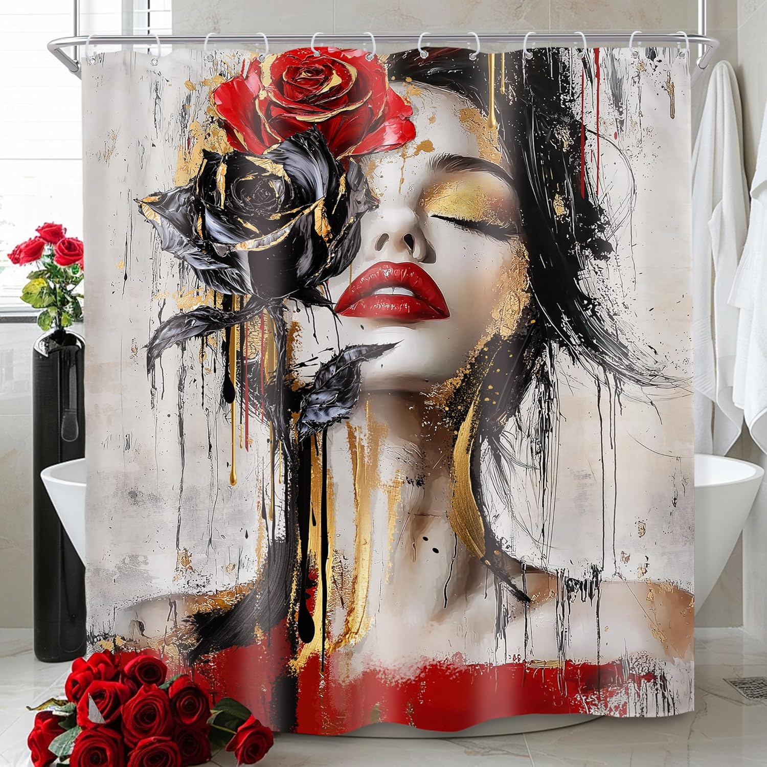 

African American Shower Curtain, Black Gold Peony Floral, Modern Girly Quotes, Waterproof Polyester with Hooks W180xH200cm